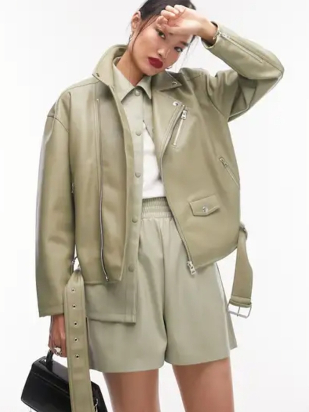 TOPSHOP Oversized Sage Green Leather Moto Jacket